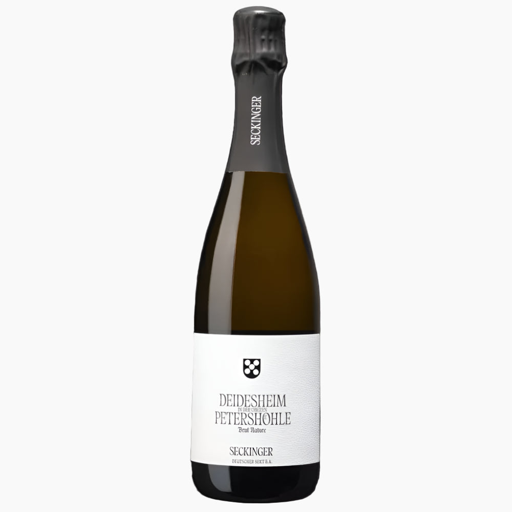 Alt text to use: Weingut Seckinger Riesling Deidesheim in der oberen Petershöhle Brut Nature Sektflasche